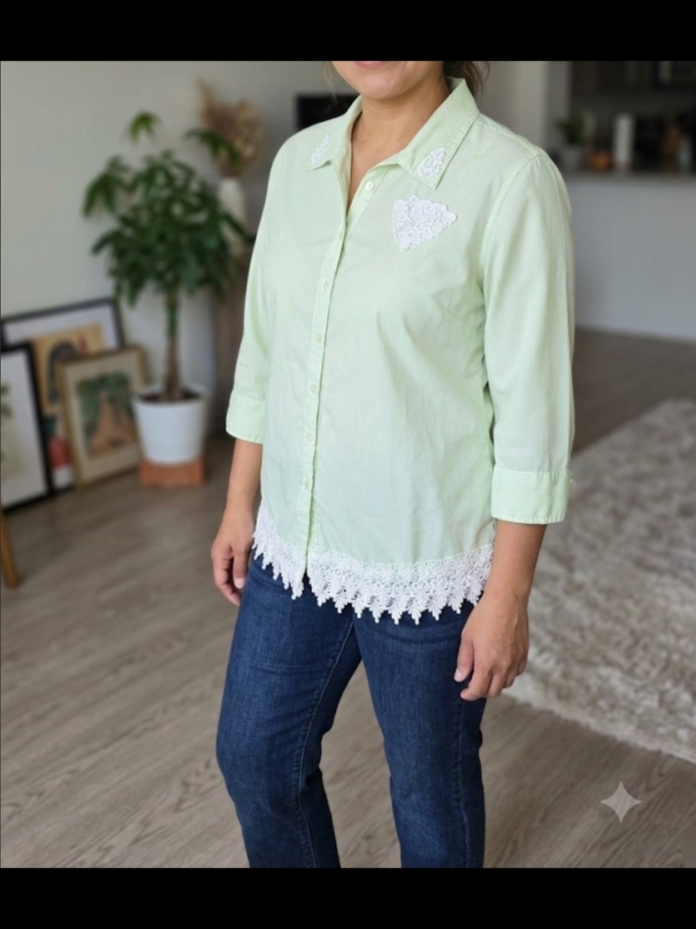 Las Olas striped green blouse with lace details - Size M